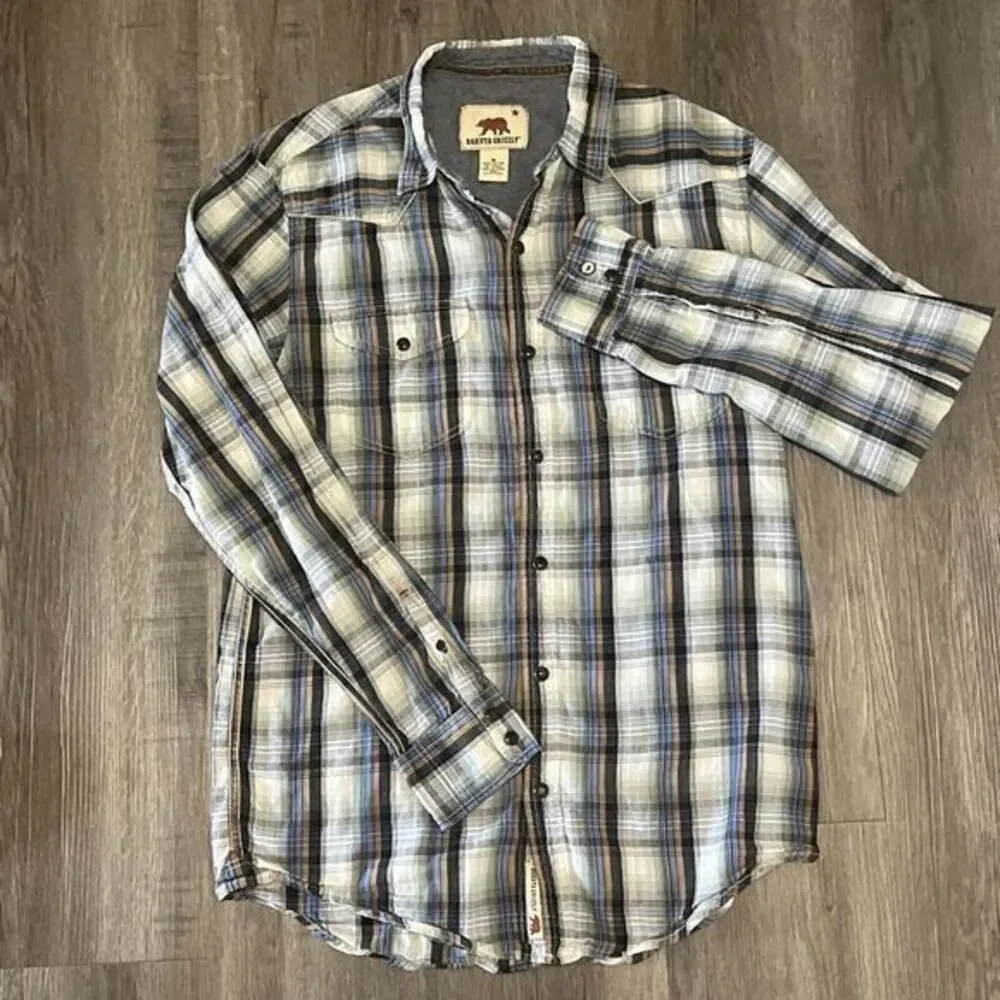 Dakota Grizzly Shirt Mens M Blue Tan‎ Plaid Pearl Snap Pockets Western
